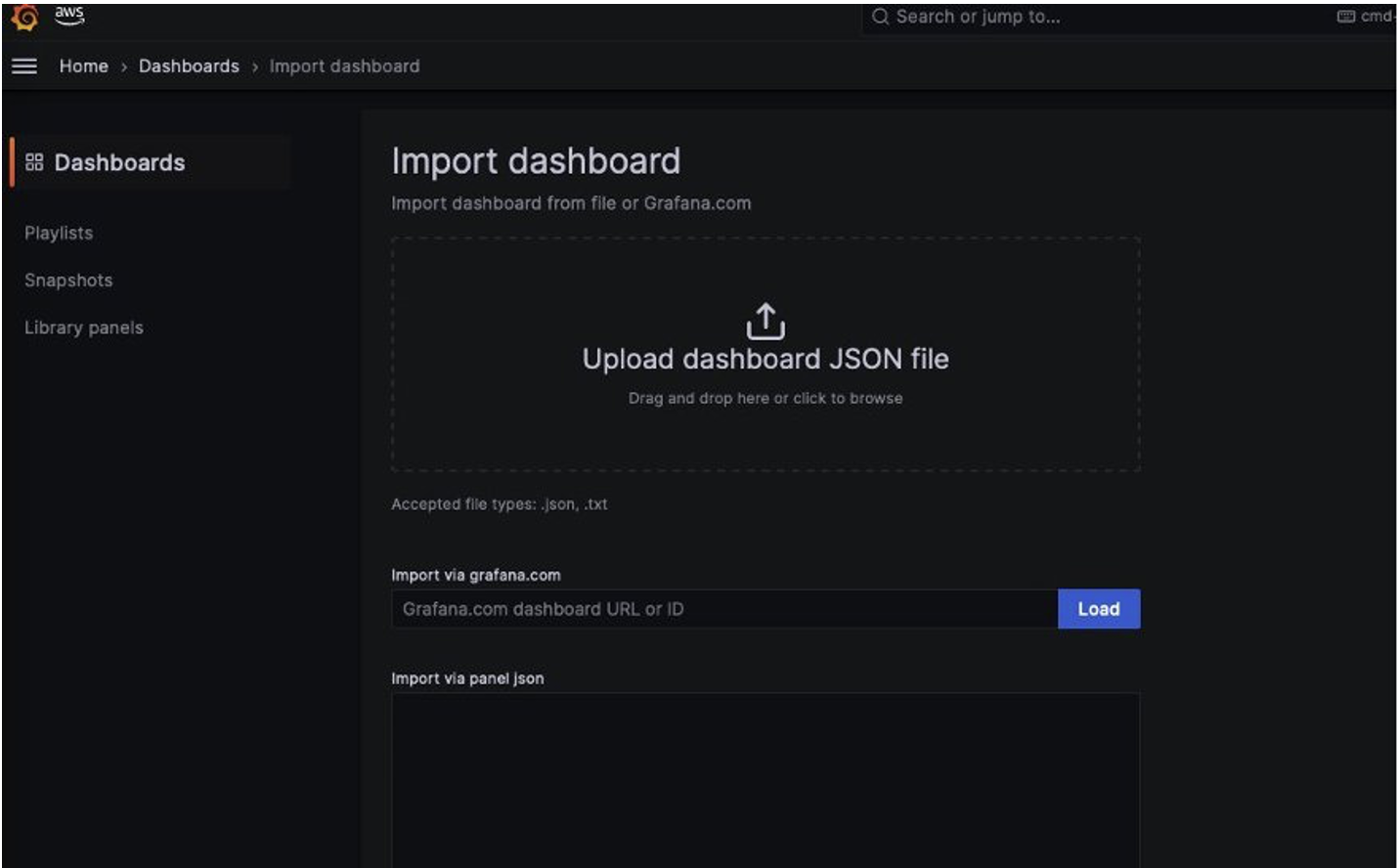 Screenshot of Import dashboard section to import RUM dashboard json file.